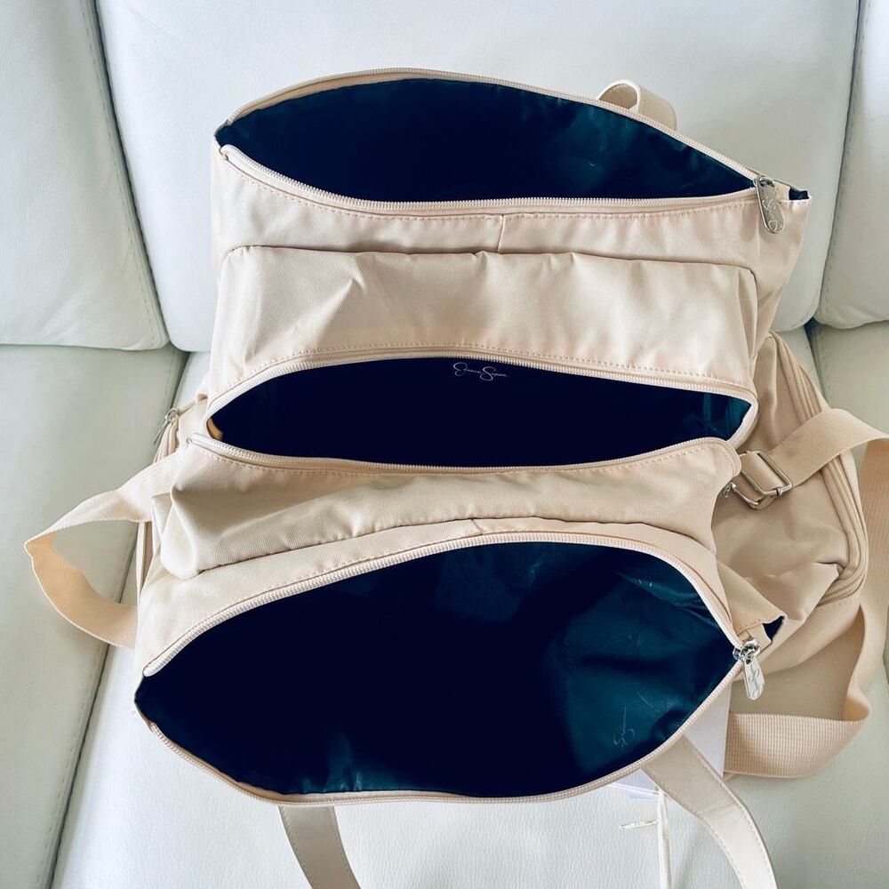 NWT Jessica Simpson cream Nylon Pu Leather Multi Pockets Weekender Duffle Bag - Picture 11 of 16